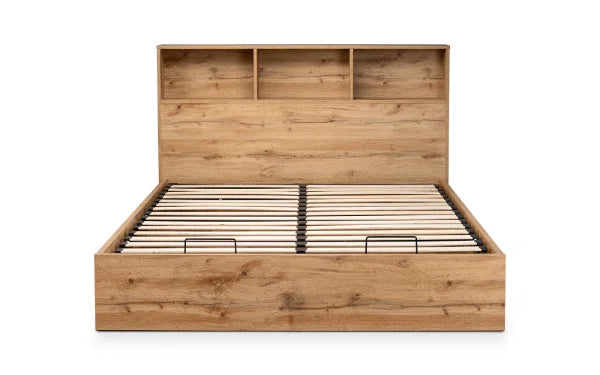 Bali Ottoman Bed – Natural Oak – Ottoman Storage with Bookcase Headboard