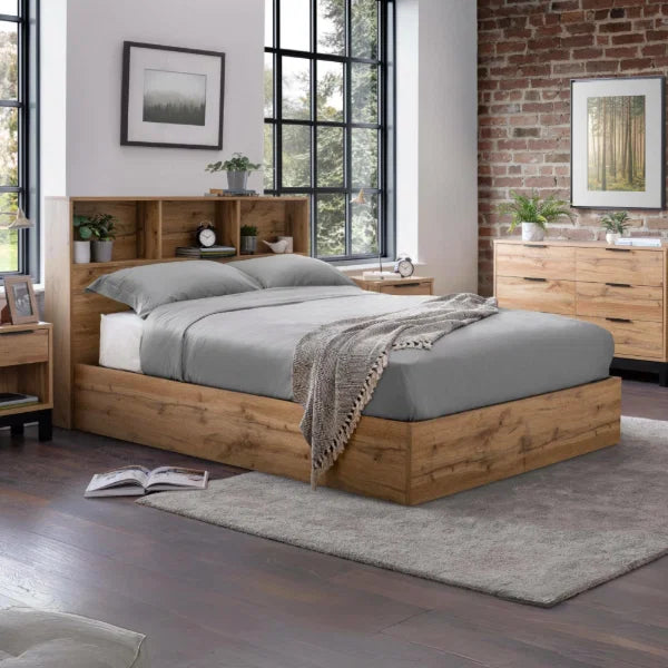 Bali Ottoman Bed – Natural Oak – Ottoman Storage with Bookcase Headboard