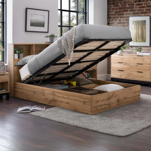 Bali Ottoman Bed – Natural Oak – Ottoman Storage with Bookcase Headboard