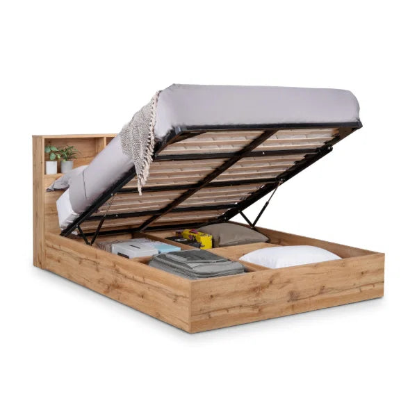 Bali Ottoman Bed – Natural Oak – Ottoman Storage with Bookcase Headboard