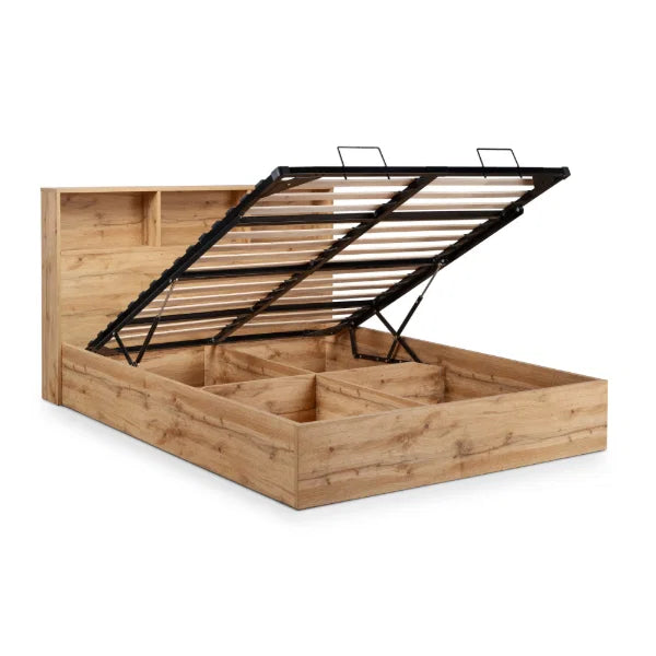 Bali Ottoman Bed – Natural Oak – Ottoman Storage with Bookcase Headboard
