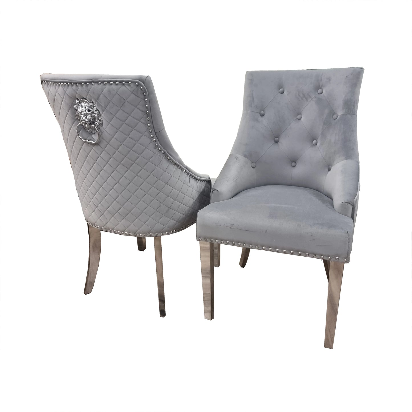 Furnish365 Bentley velvet dining chair with quilted back and chrome lion knocker in a modern dining setting