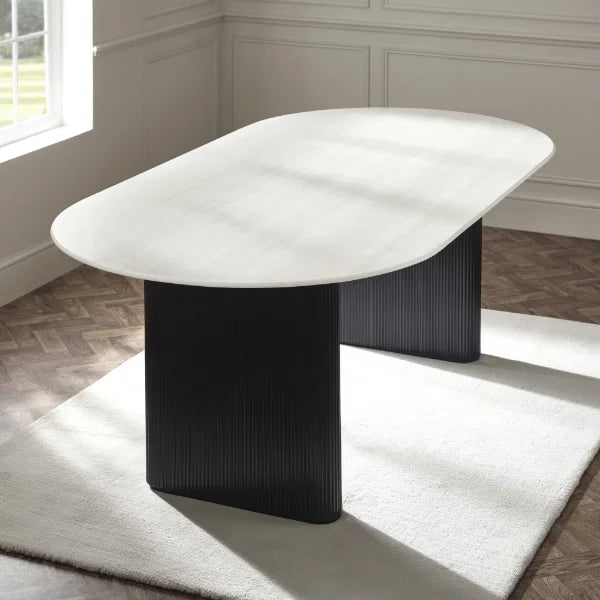 Bolivia Oval Marble-Effect Dining Table – White Glass with Fluted Black Pedestal Legs | Julian Bowen