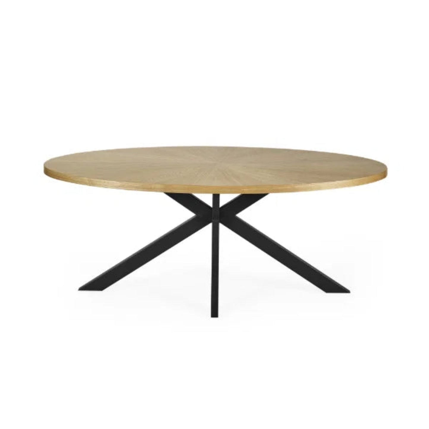 Bondi oval dining table with surfboard-shaped light oak top and black legs in a modern dining setting