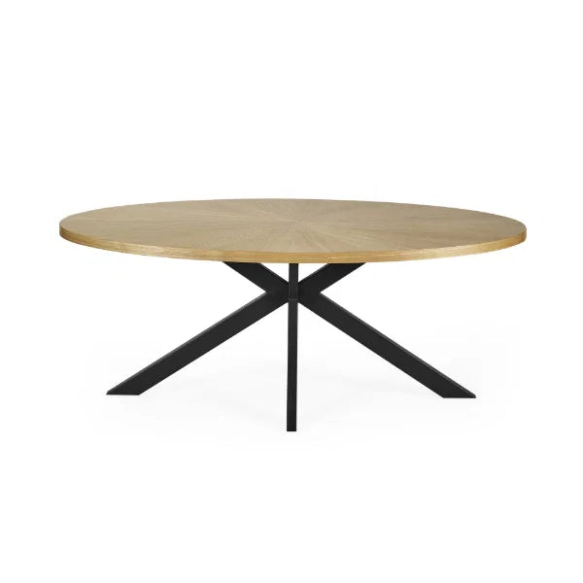 Bondi oval dining table with surfboard-shaped light oak top and black legs in a modern dining setting