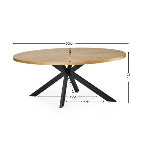 Bondi oval dining table with surfboard-shaped light oak top and black legs in a modern dining setting