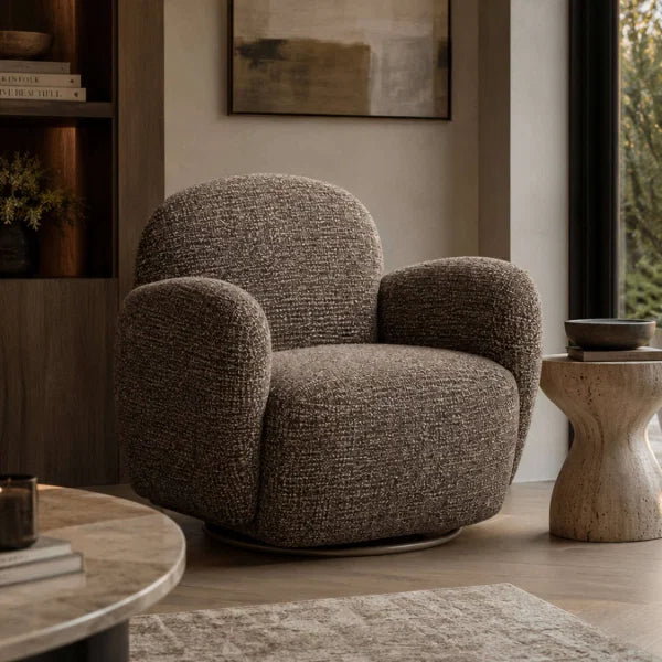 Bramley chocolate brown chenille swivel armchair in a modern living room setting