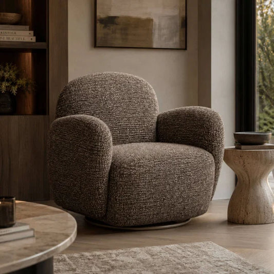 Bramley chocolate brown chenille swivel armchair in a modern living room setting
