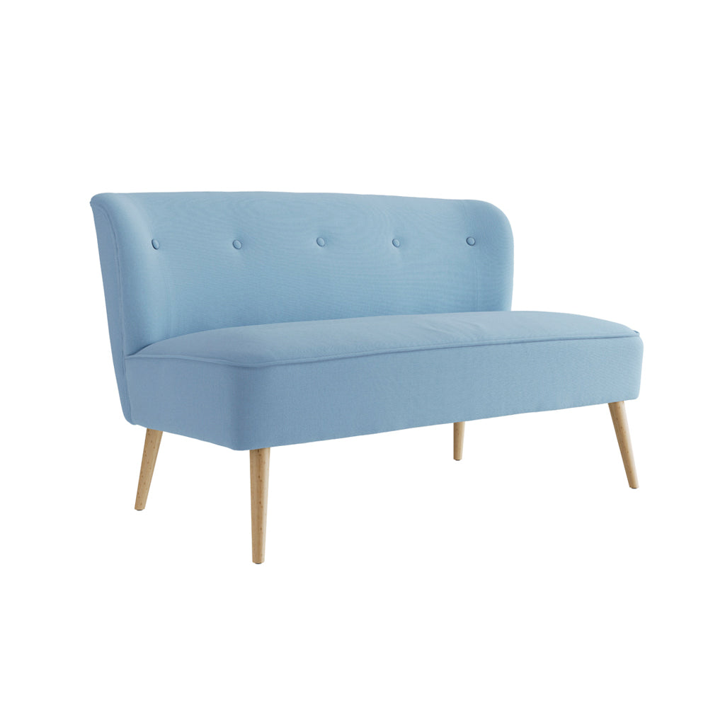 LPD Furniture Beau Cornflower Blue 2 seater sofa with tufted back and blonde wood legs in a modern living room setting