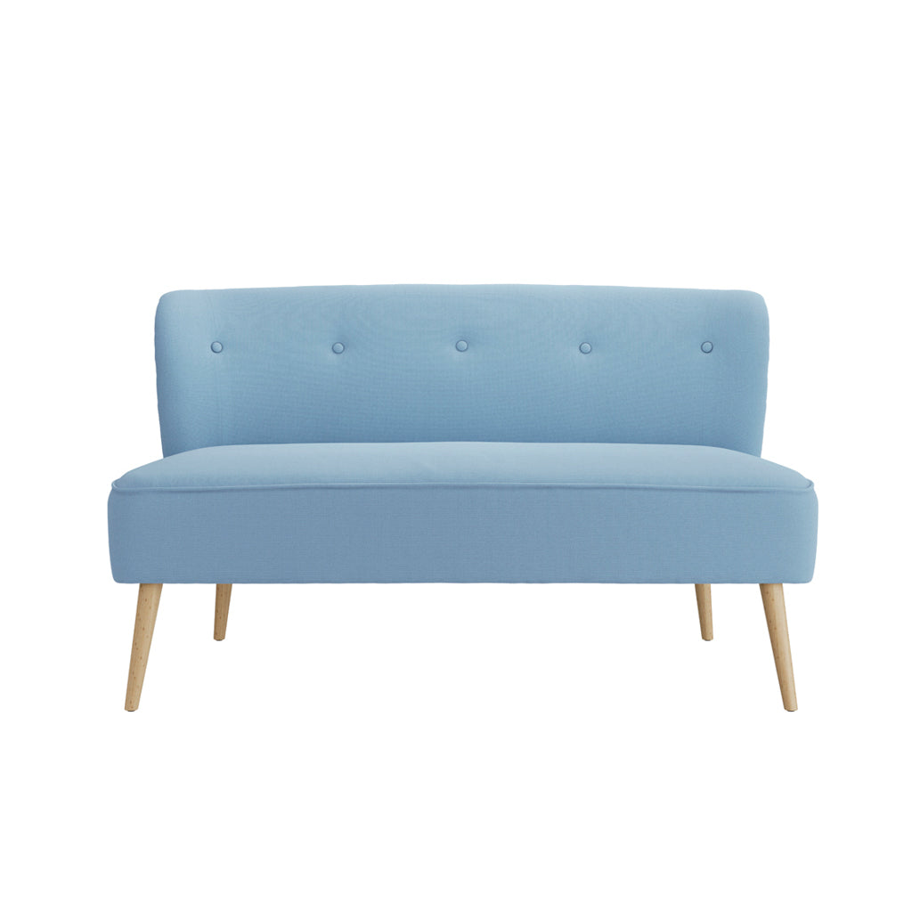 LPD Furniture Beau Cornflower Blue 2 seater sofa with tufted back and blonde wood legs in a modern living room setting