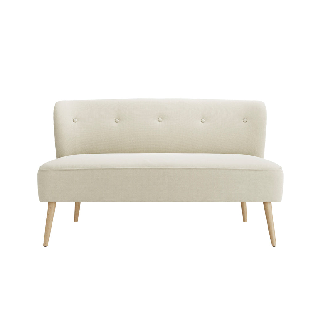 LPD Furniture Beau Sand 2 seater sofa with tufted back and blonde wood legs in a modern living room setting