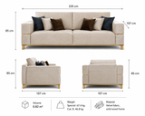 Beige velvet 3-seater sofa with solid wood frame, gold base accents, and dimensions 235 cm W × 107 cm D × 85 cm H.