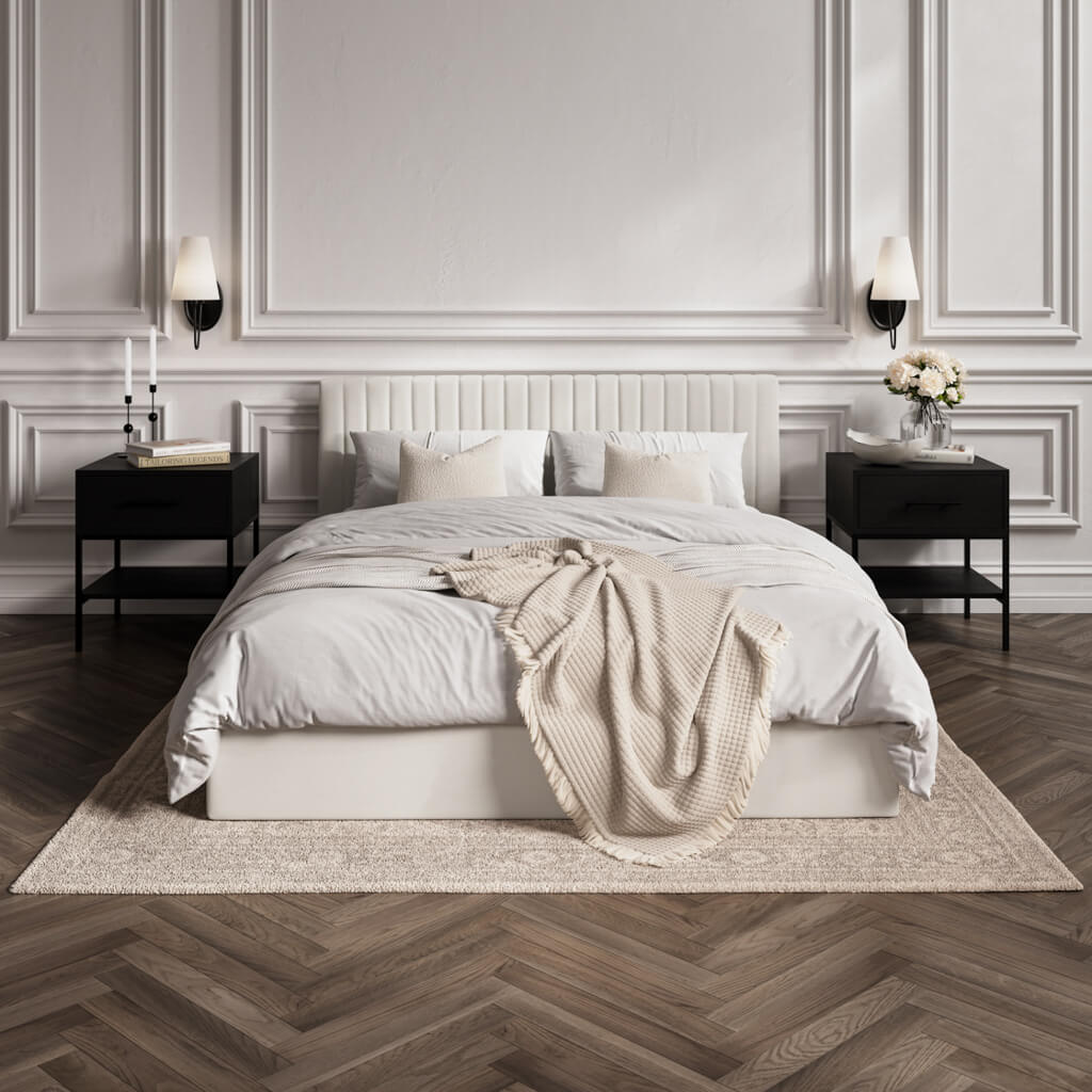LPD Furniture Berlin milk weave ottoman bed with fluted headboard in a modern bedroom setting