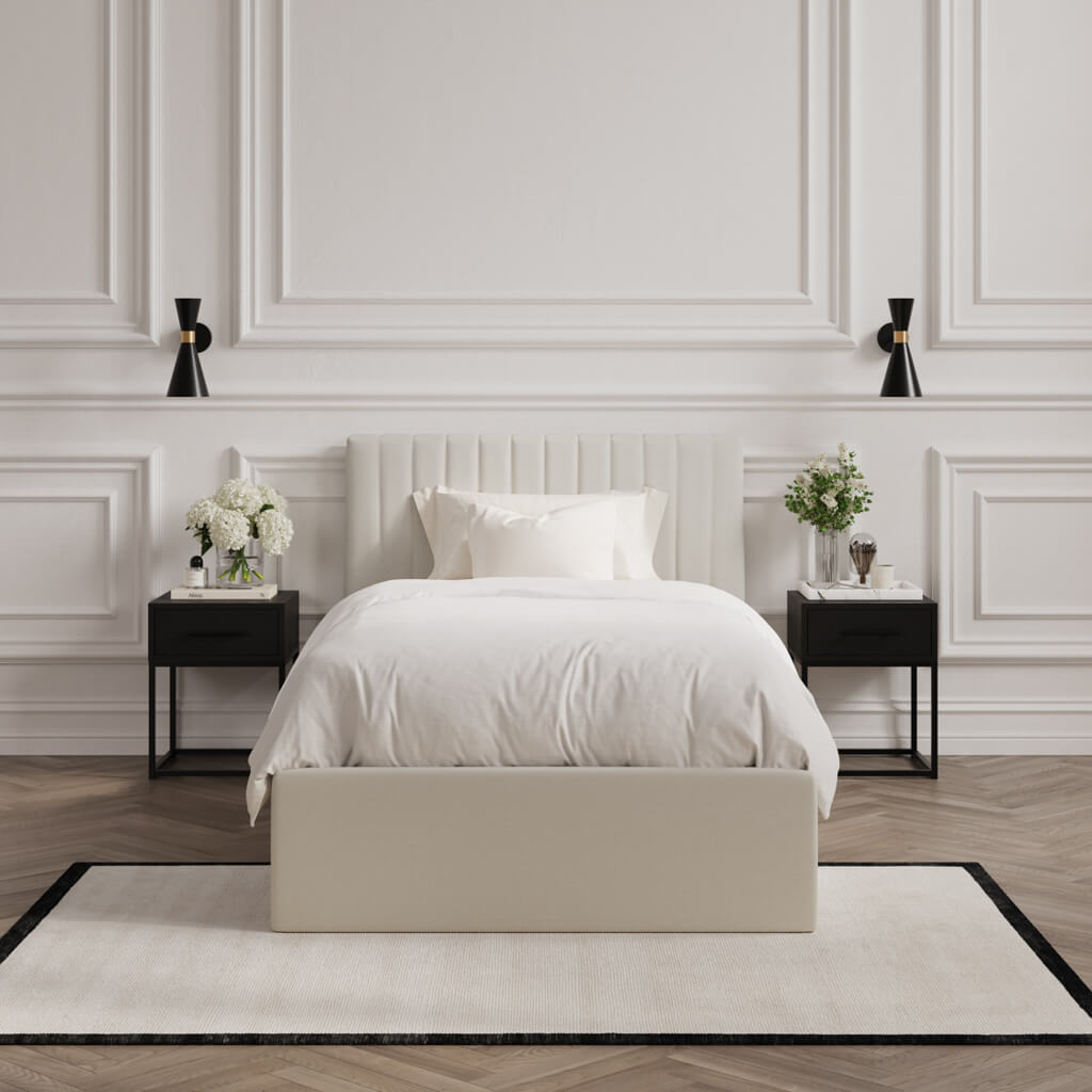 LPD Furniture Berlin milk weave ottoman bed with fluted headboard in a modern bedroom setting