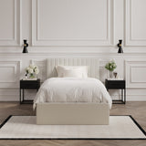 LPD Furniture Berlin milk weave ottoman bed with fluted headboard in a modern bedroom setting