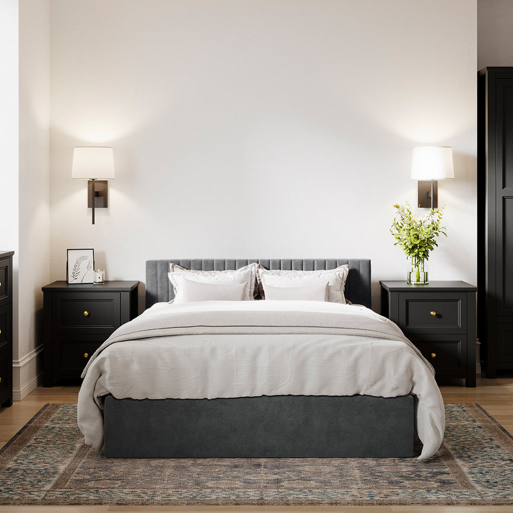 	LPD Furniture Berlin silver velvet ottoman bed with under-bed storage in a modern bedroom setting