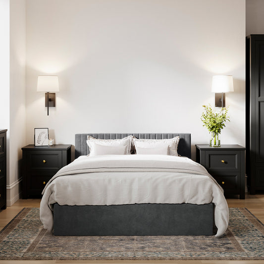 	LPD Furniture Berlin silver velvet ottoman bed with under-bed storage in a modern bedroom setting