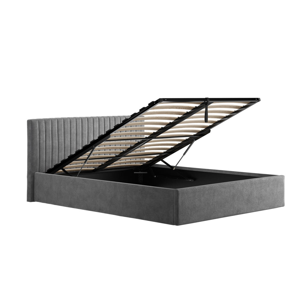 	LPD Furniture Berlin silver velvet ottoman bed with under-bed storage in a modern bedroom setting