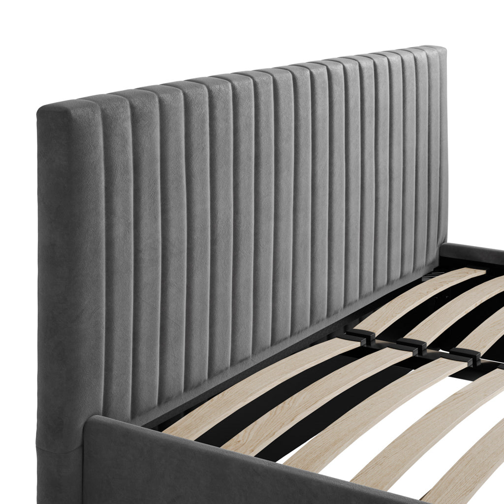 	LPD Furniture Berlin silver velvet ottoman bed with under-bed storage in a modern bedroom setting