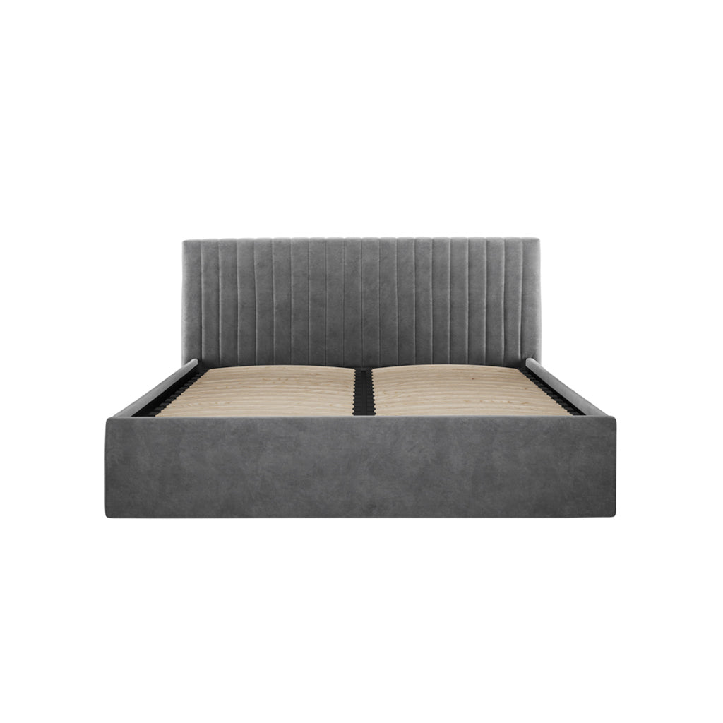 	LPD Furniture Berlin silver velvet ottoman bed with under-bed storage in a modern bedroom setting
