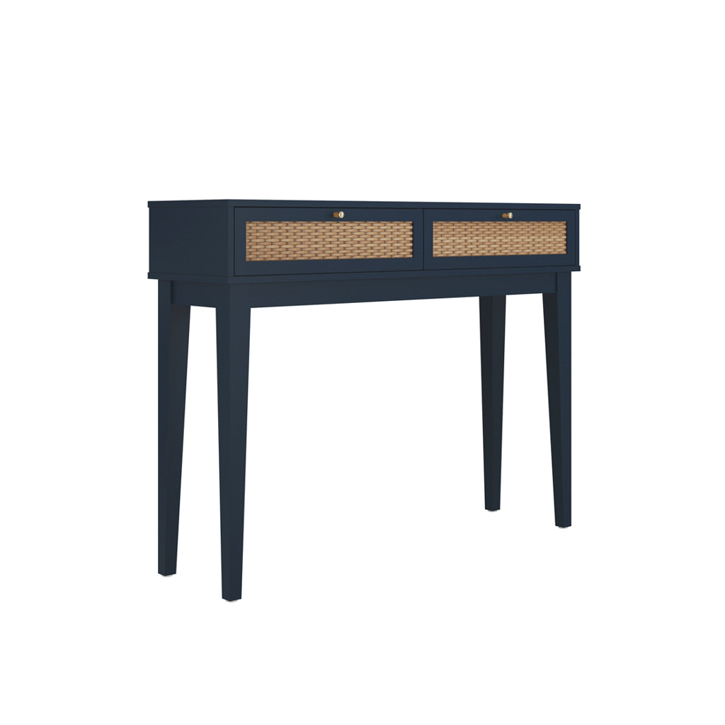 LPD Furniture Bordeaux Berlin blue dressing table with rattan effect front and gold handles in a modern bedroom setting