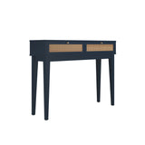 LPD Furniture Bordeaux Berlin blue dressing table with rattan effect front and gold handles in a modern bedroom setting