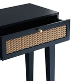 LPD Furniture Bordeaux Berlin blue dressing table with rattan effect front and gold handles in a modern bedroom setting