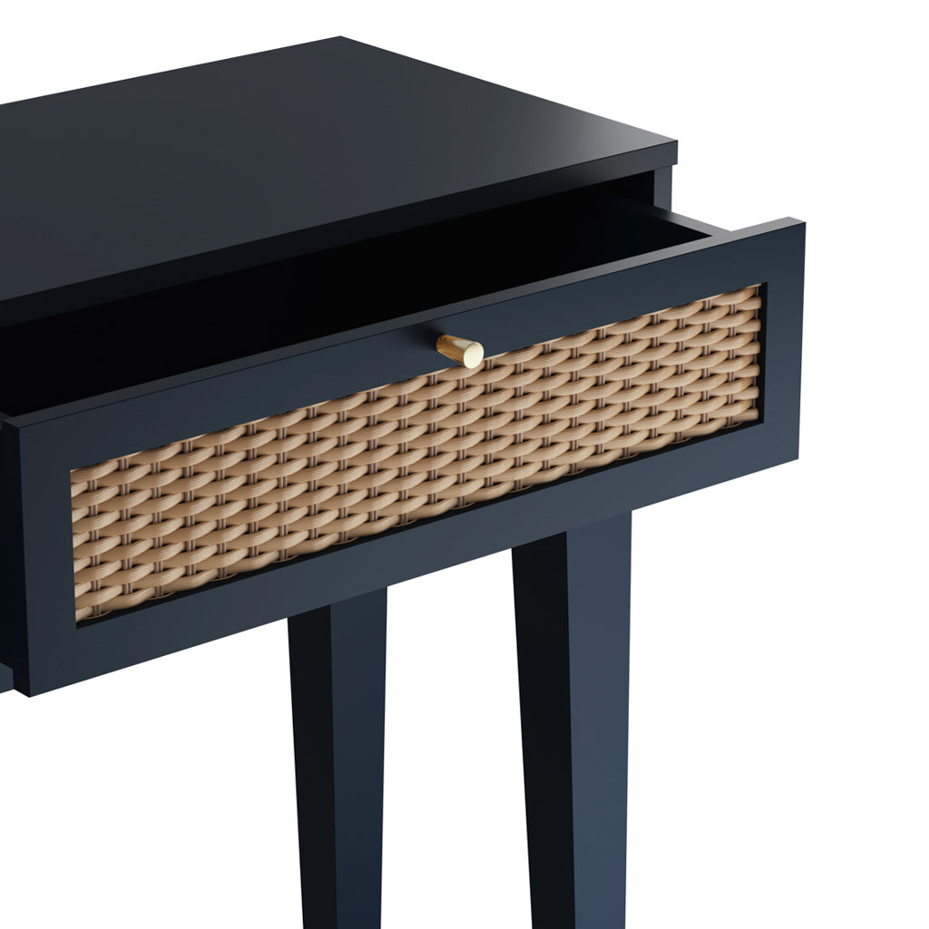 LPD Furniture Bordeaux Berlin blue dressing table with rattan effect front and gold handles in a modern bedroom setting