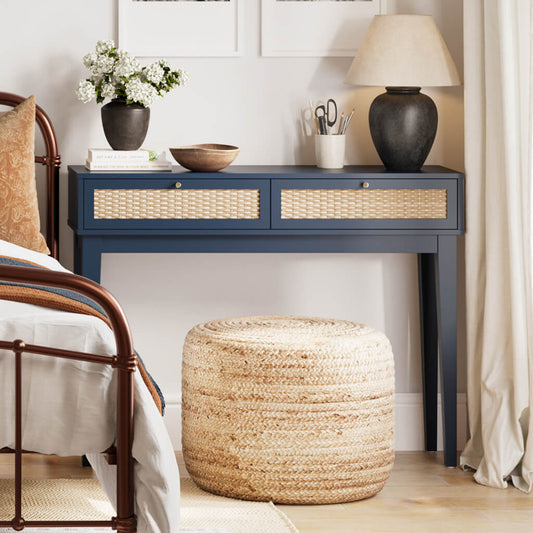 LPD Furniture Bordeaux Berlin blue dressing table with rattan effect front and gold handles in a modern bedroom setting