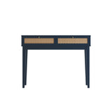 LPD Furniture Bordeaux Berlin blue dressing table with rattan effect front and gold handles in a modern bedroom setting