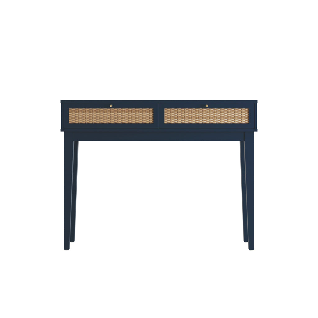 LPD Furniture Bordeaux Berlin blue dressing table with rattan effect front and gold handles in a modern bedroom setting