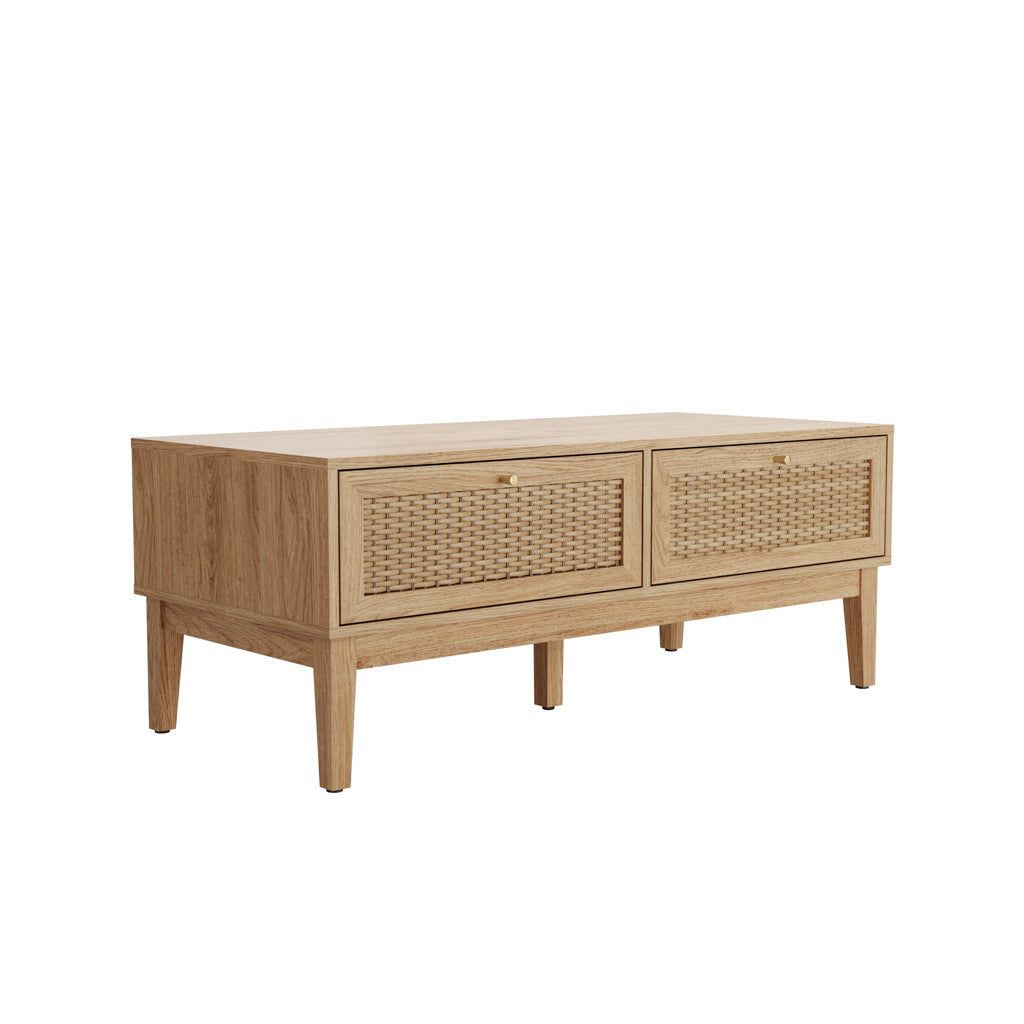 LPD Furniture Bordeaux oak coffee table with rattan front and gold fittings in a modern living room setting