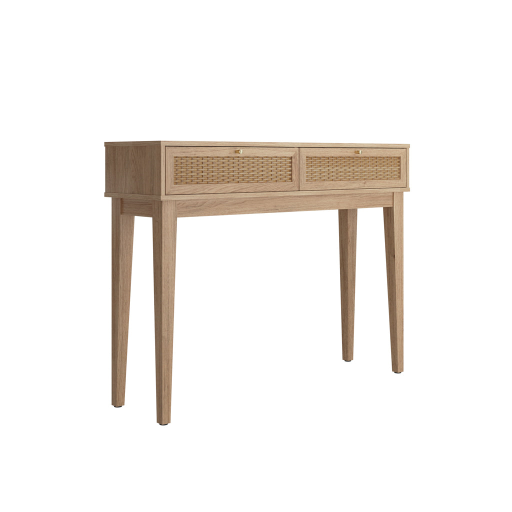 LPD Furniture Bordeaux oak dressing table with rattan front and gold fittings in a modern bedroom setting