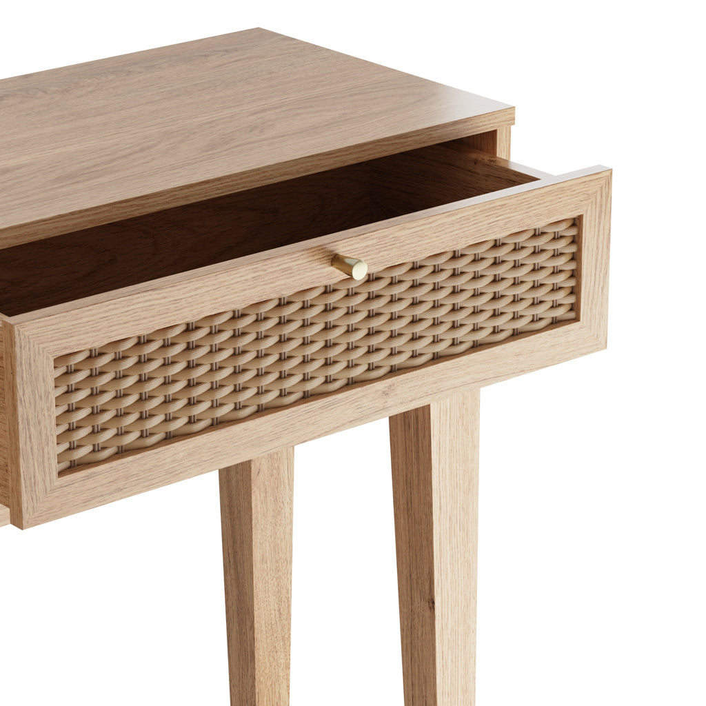 LPD Furniture Bordeaux oak dressing table with rattan front and gold fittings in a modern bedroom setting
