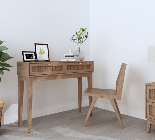 LPD Furniture Bordeaux oak dressing table with rattan front and gold fittings in a modern bedroom setting