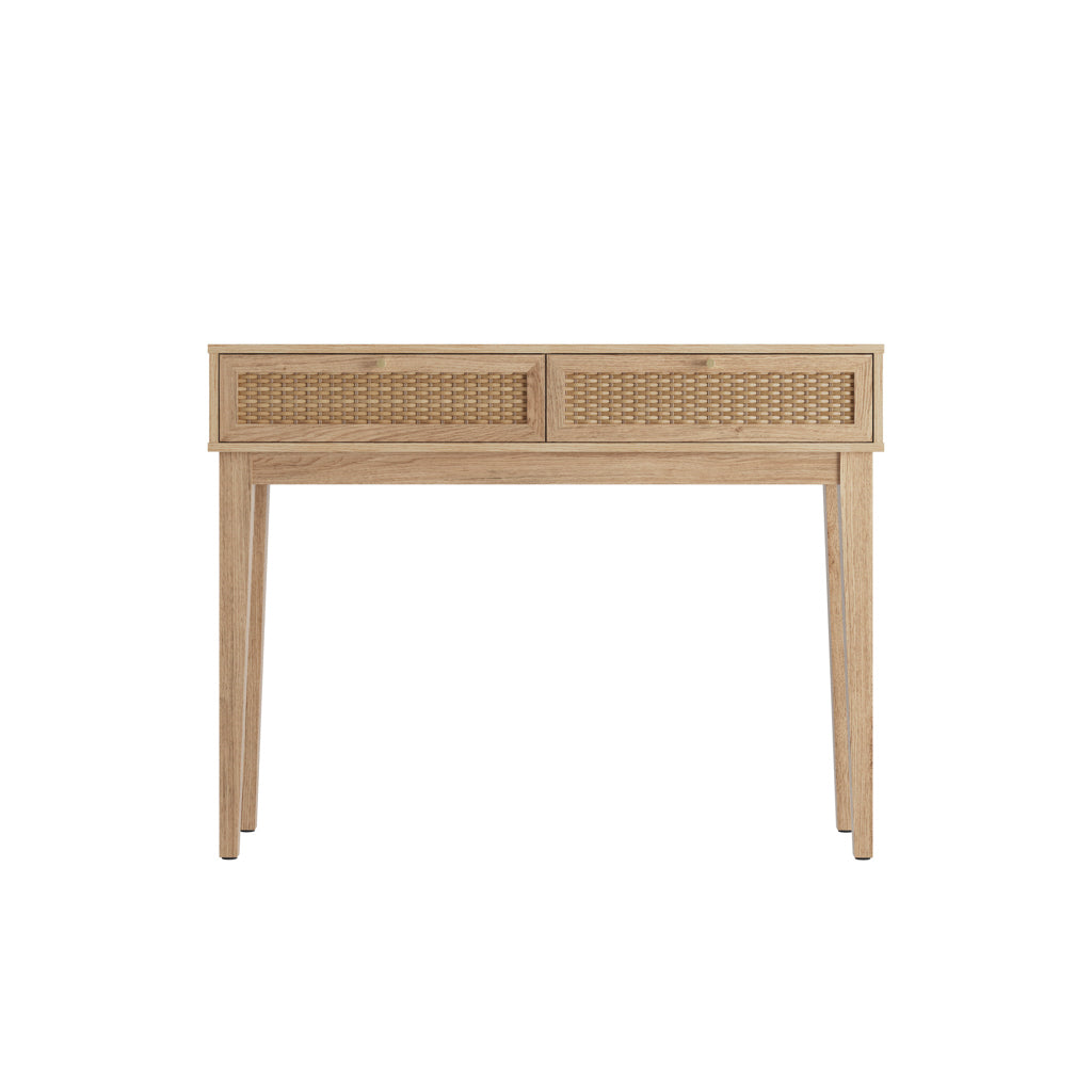 LPD Furniture Bordeaux oak dressing table with rattan front and gold fittings in a modern bedroom setting