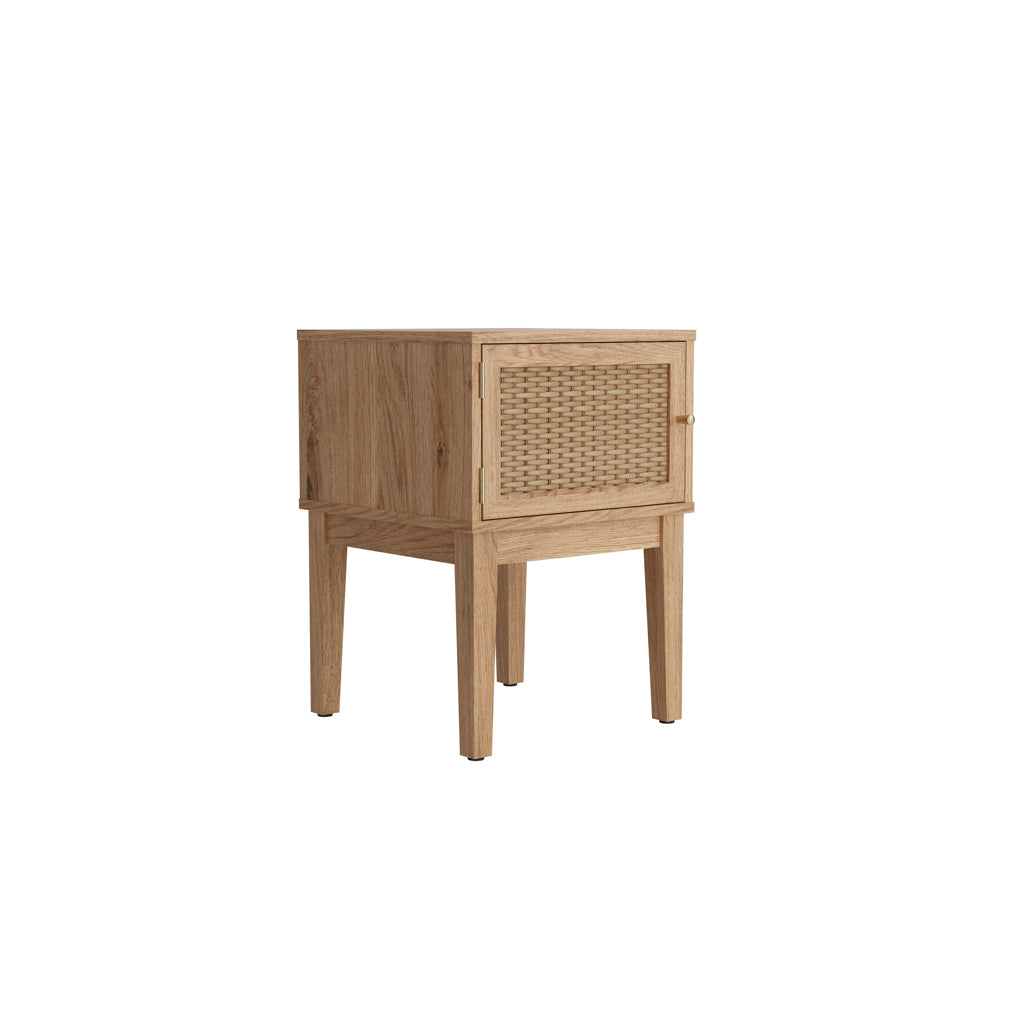 LPD Furniture Bordeaux oak side table with rattan front and gold fittings in a modern bedroom setting
