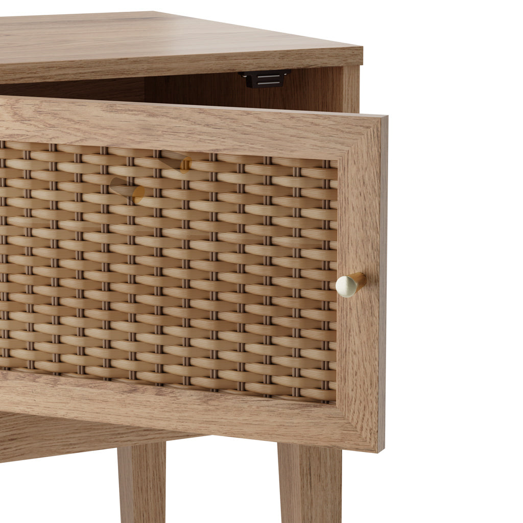 LPD Furniture Bordeaux oak side table with rattan front and gold fittings in a modern bedroom setting