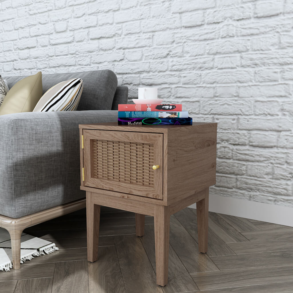 LPD Furniture Bordeaux oak side table with rattan front and gold fittings in a modern bedroom setting