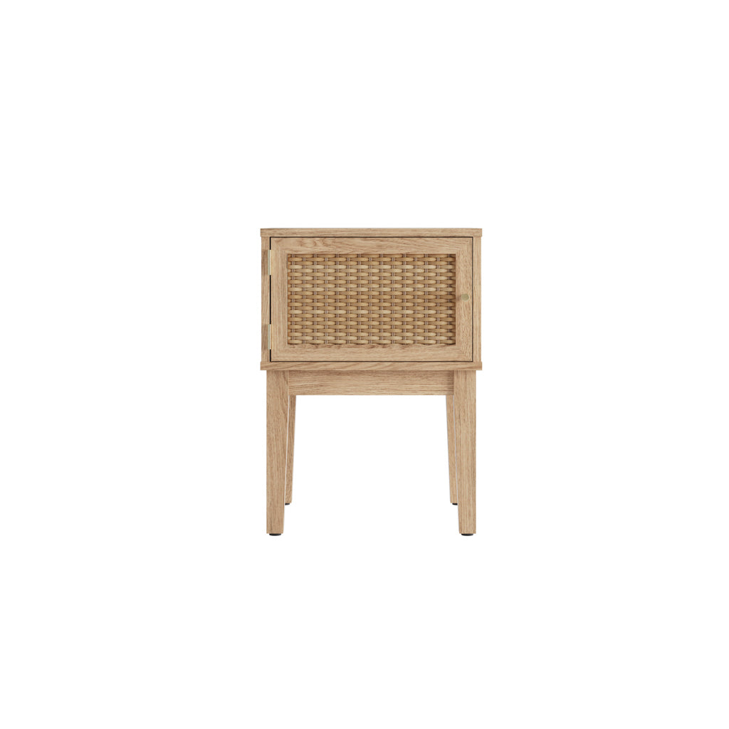 LPD Furniture Bordeaux oak side table with rattan front and gold fittings in a modern bedroom setting