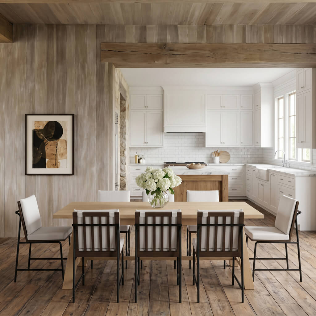 LPD Furniture Bourton latte wood grain dining table seating 8 in a modern dining room setting