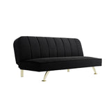 LPD Furniture Burlington black velvet sofa bed with brushed gold legs in a modern living room setting