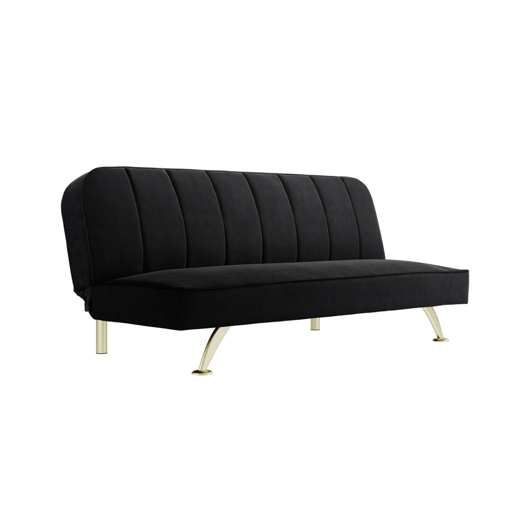 LPD Furniture Burlington black velvet sofa bed with brushed gold legs in a modern living room setting