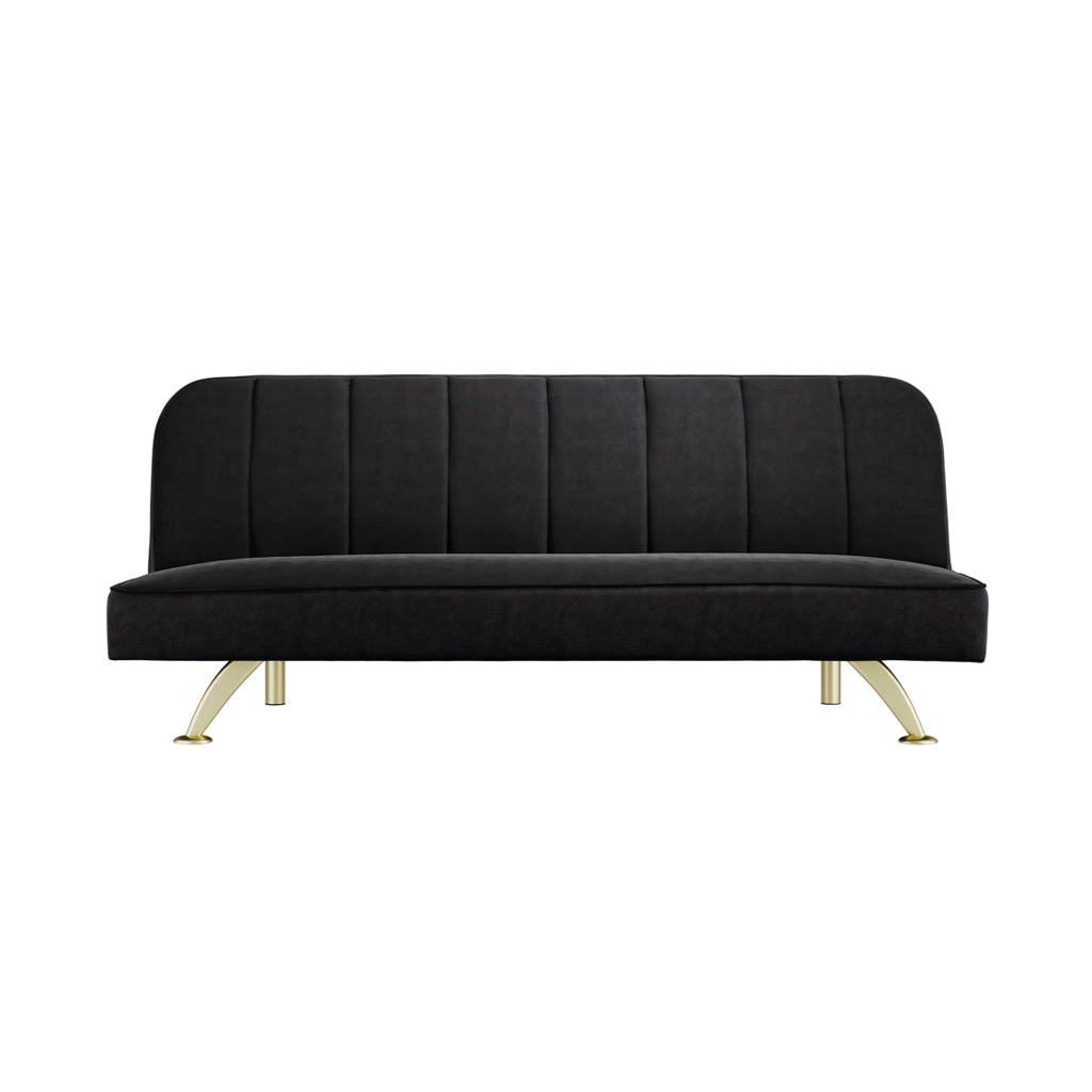 LPD Furniture Burlington black velvet sofa bed with brushed gold legs in a modern living room setting
