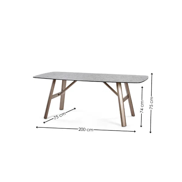 Callisto smoked bubble glass dining table with brushed bronze legs in a modern dining room setting