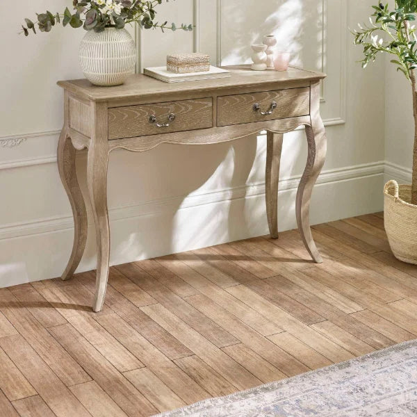 Camille lime washed oak console table in a modern hallway or living room setting