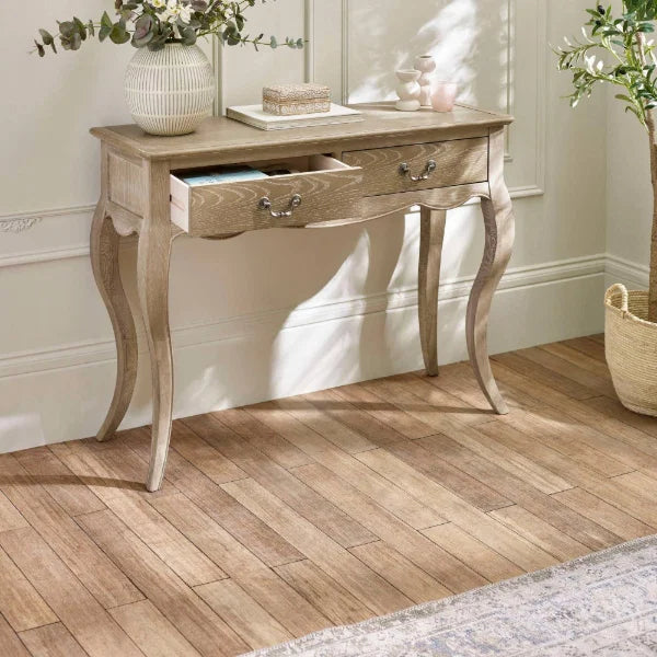 Camille lime washed oak console table in a modern hallway or living room setting