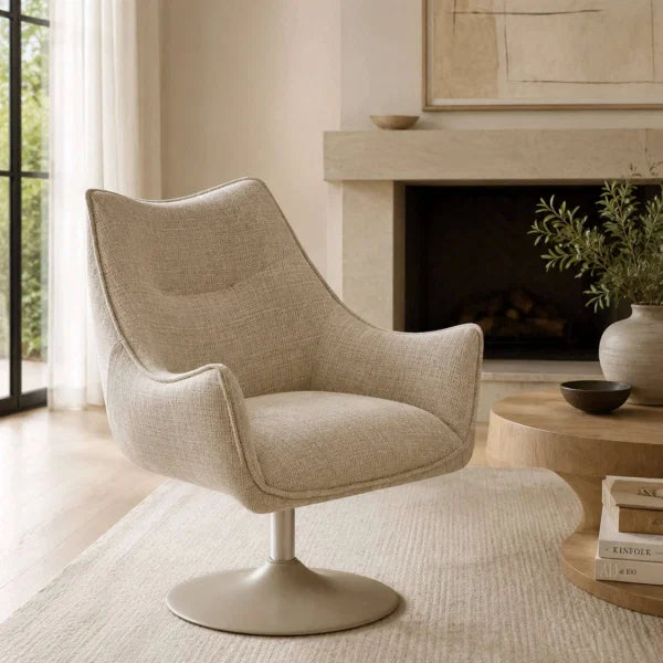 	Caspian ivory chenille swivel chair in a modern living room setting