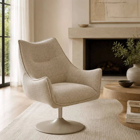	Caspian ivory chenille swivel chair in a modern living room setting