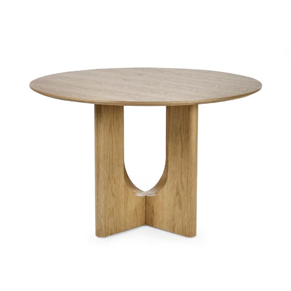 Cellini round oak-effect dining table with sculptural intersecting base in a modern dining room setting